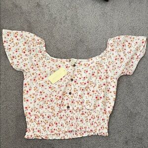 NWT Monteau Floral Buttoned Blouse with Smocked Hem